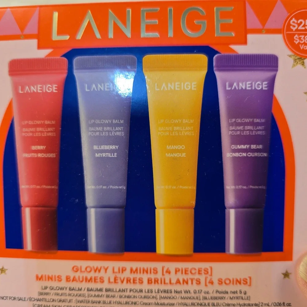 NEW Laneige Glowy Lip Minis 4 Pc Set Berry‎ Blueberry Mango Gummy Bear Lip Balm